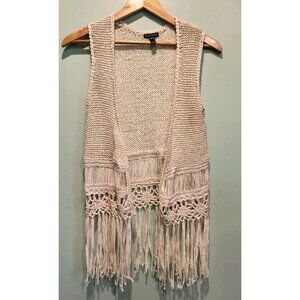 Vtg Fang Beige Crochet Fringe Open Vest Hippie Festival Sz M